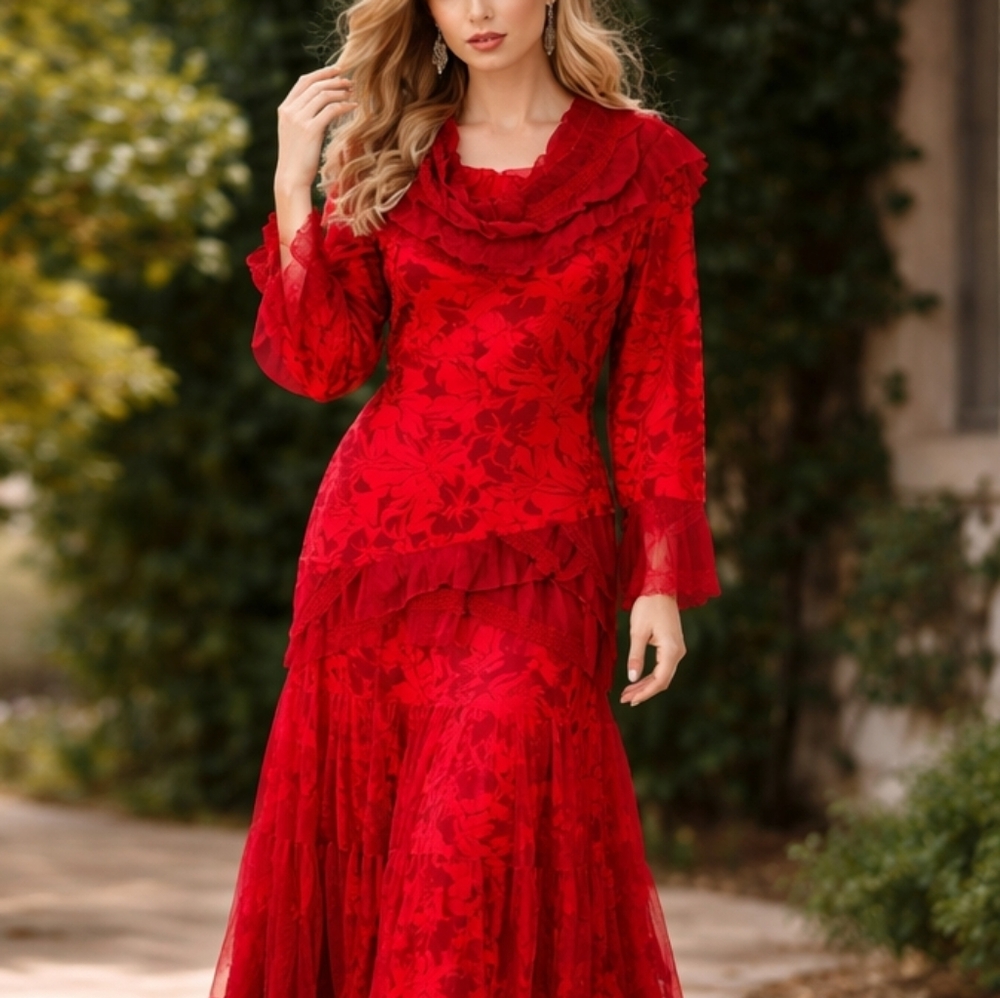 Floral Burnout Velvet Ruffle Top & Maxi Skirt Set